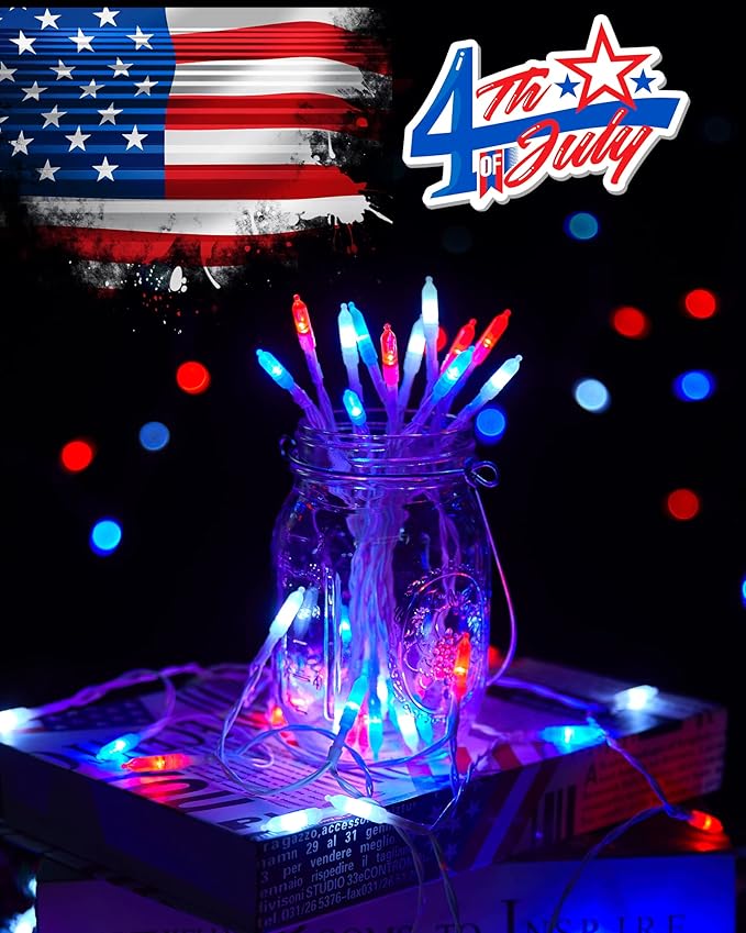 Brightown Red White Blue Battery Operated Mini String Lights with 8 Modes- 2 Pack 18 Feet 50 LED Independence Day Decoration Waterproof, Timer for Patriotic Xmas Holiday Party Outdoor Indoor
