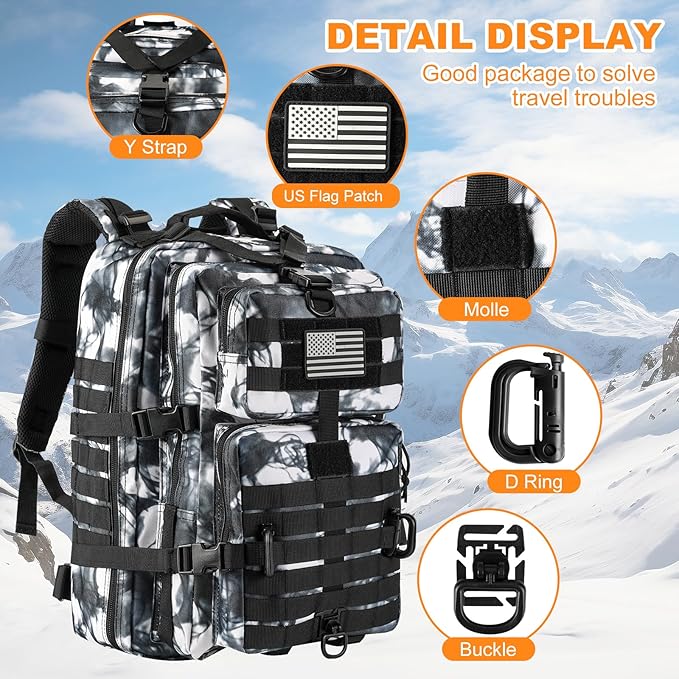 Hannibal Tactical MOLLE Assault Backpack, Tactical Backpack Military Army Camping Rucksack, 3-Day Pack Trip w/USA Flag Patch, D-Rings, Black White camo