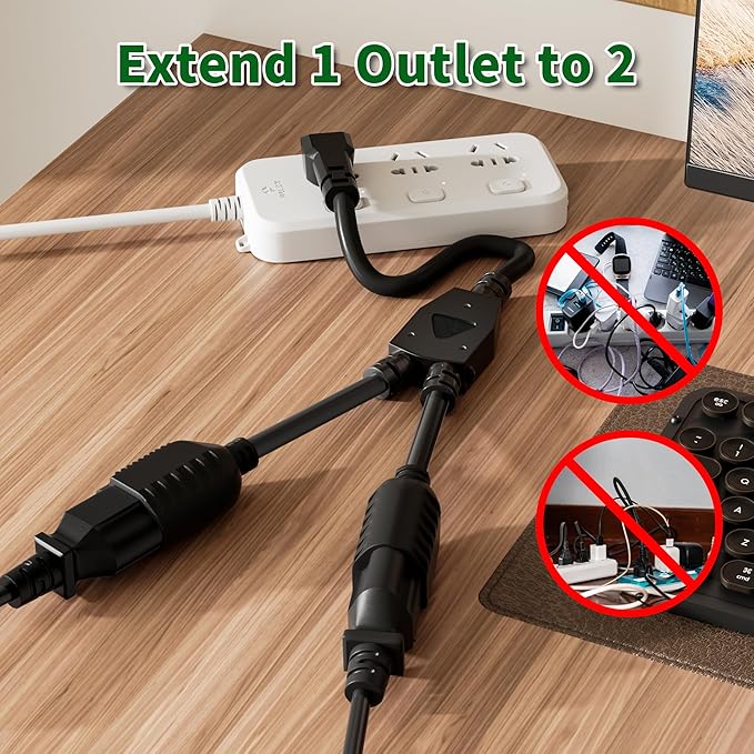 Elecan 3-Prong Y Splitter Power Extension Cord 1 FT, 90-Degree Angled Flat Plug 1 to 2 Way Outlet Space Saver, Heavy Duty Weatherproof SJTW, 16AWG 13A, 5-15P Cable Extender for Indoor Outdoor-UL