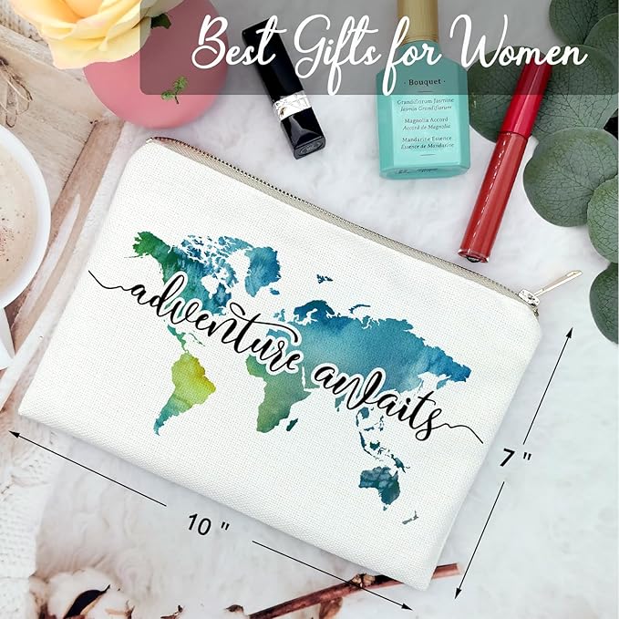 Travel Bag Adventure Awaits Makeup Case Cosmetic Bag Nature Linen World Map Makeup Bag Great Gift for Travel