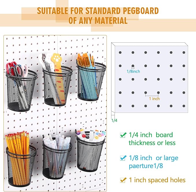 Spakon 6 Sets Pegboard Cups with Ring Hook, Peg Board Baskets Bin Holder Organizer Accessories Pegboard Pencil Cup Multipurpose Metal Pen Holder for Office Garage(Black,3.15x5.24x4.33'',Regular)