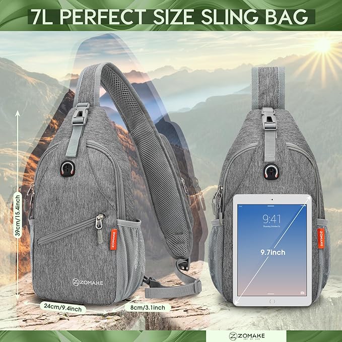 ZOMAKE Sling Bag,Small Crossbody Sling Backpack,Water Resistant Shoulder Daypack for Travel,Anti Thief Chest Bag for Hiking(Gray-Black)