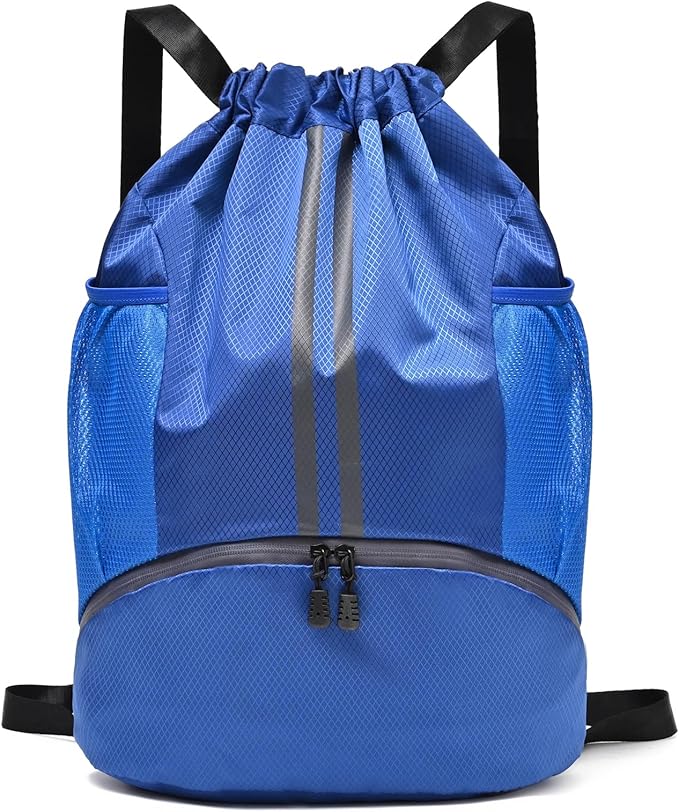 LOKAPEGY Drawstring Gym Bag for Men, Waterproof Drawstring Backpack for Women, Swim with Shoes Compartment, Pull String Sport Bag for Soccer and Basketball. (Blue)