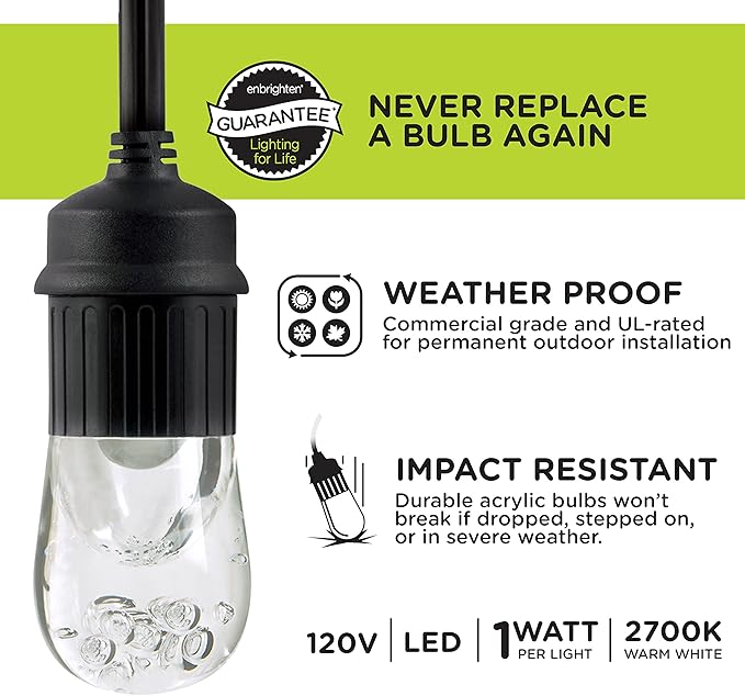 Enbrighten Classic Warm White String Lights, 36ft Black Cord, 18 Shatterproof Acrylic Bulbs, Weatherproof, Outdoor String Lights, 33171