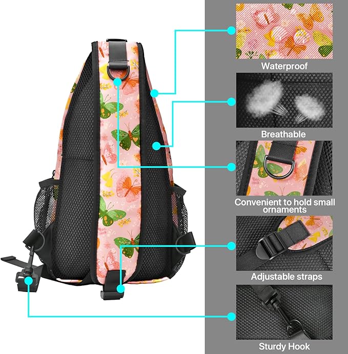 FyLybois Butterfly Sling Bag for Women Lightweight Crossbody Backpack Casual Daypack with Adjustable Strap for Travel Work Hiking Everyday Use