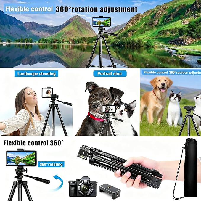 55" Aluminum Phone & Camera Tripod, Extendable Cell Phone Tripod Stand Compatible with iPhone/Android/Action Camera is Perfect for Live Streaming/Video Recording/Selfies