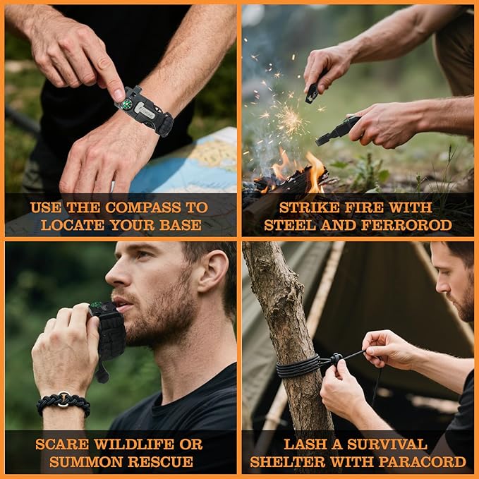 Paracord Survival Bracelet (3 Pack) - Adjustable with Fire Starter, Whistle, Compass - Survival Gear for Hiking, Camping, Fishing, Gifts for Men Dad Husband
