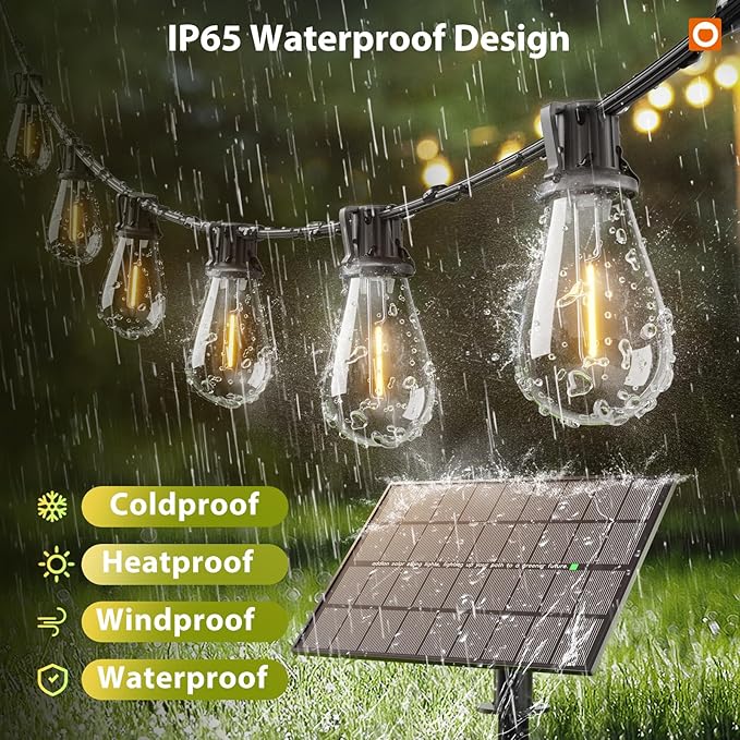 addlon 198FT(192+6) Solar String Lights Outdoor Waterproof 6W Panel with USB Port & Remote Control Solar Powered Patio Lights for Outside with 68 LED Dimmable Bulbs for Porch Garden Deck Halloween