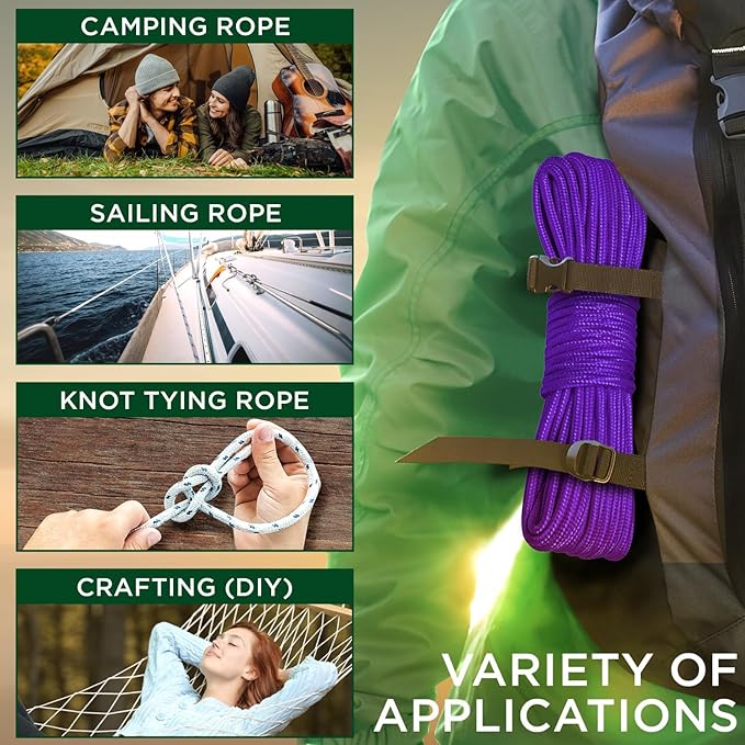 TECEUM Rope – 90 Feet x 1/4 Inch (7mm) – Purple – Strong All-Purpose Utility Rope – Camping, Crafting, Flag Pole, Indoor & Outdoor – Polypropylene Nylon Poly Lightweight Diamond Braided Cord