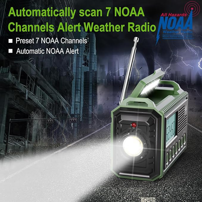 Raynic Emergency Radio, 12000mAh/44400mWh Battery Operated Weather Radio, Solar Hand Crank Radio with AM/FM/SW/NOAA Alert, Cell Phone Charger, Type-C Charging, Flashlight and SOS Siren