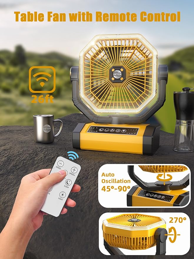 Battery Powered Fan - 9-Inch Rechargeable Fan Portable, 24000mAh(60Hrs) Camping Fans for Tent, Auto Oscillation Cordless, Tent Fans for Camping with Remote/light, 4 Speeds, 4 Timing, Outdoor, Yellow
