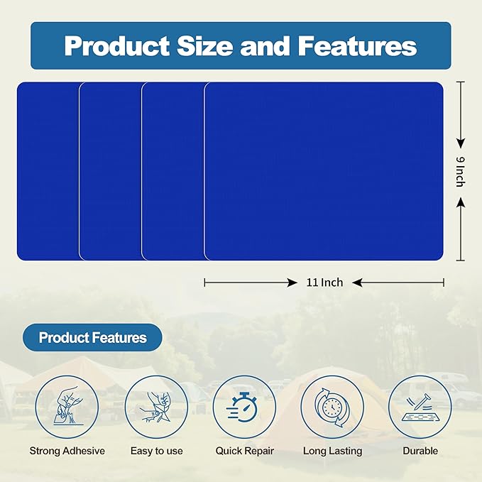 KING MOUNTAIN Self Adhesive Nylon Fabric Repair Patch, 9×11 Inches 4 Pcs, Quick Down Jacket Repair Patch, Waterproof Outdoor Gear Patch Kit for Tent,Backpacks, Umbrella, Gloves, Sleeping Bag (Blue)