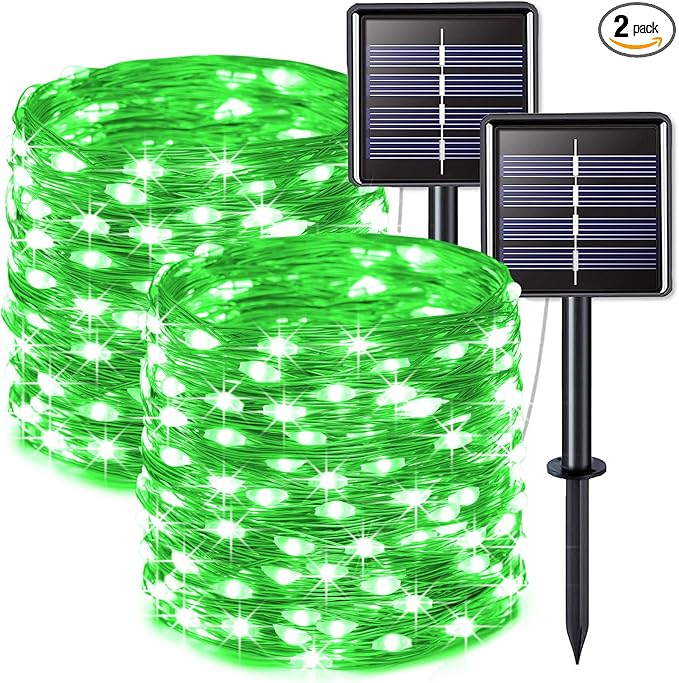 JMEXSUSS 2 Pack St Patricks Day Solar Lights, Each 33ft 100 LED Green Solar Lights Outdoor, Waterproof Fairy String Light for Outside Patio Garden Party Tree Christmas Decorations
