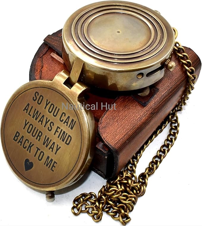 So You Can Always Find Your Way Back Home Engraved Brass Compass with Leather Case & Chain, Vintage Pocket Compass Gift for Men, Husband, Son, Graduation, Hiking, Anniversary, Navigation Compass