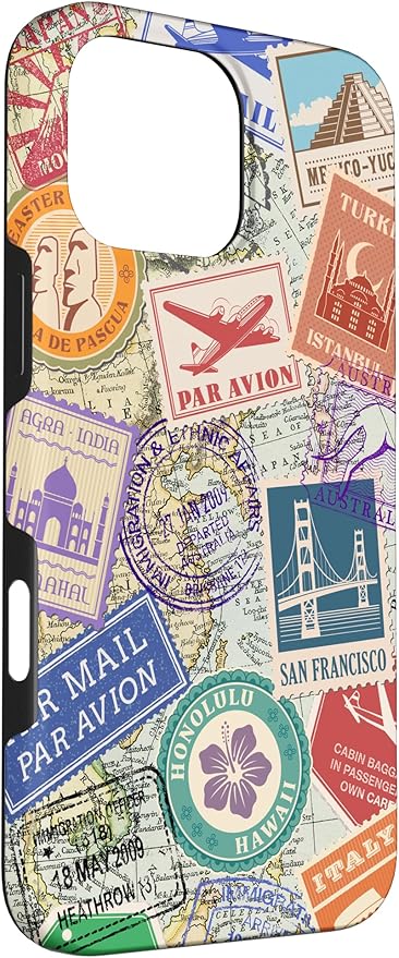 World Map Travel Passport Stamps Postage Stamp Case for iPhone 16 Pro Max