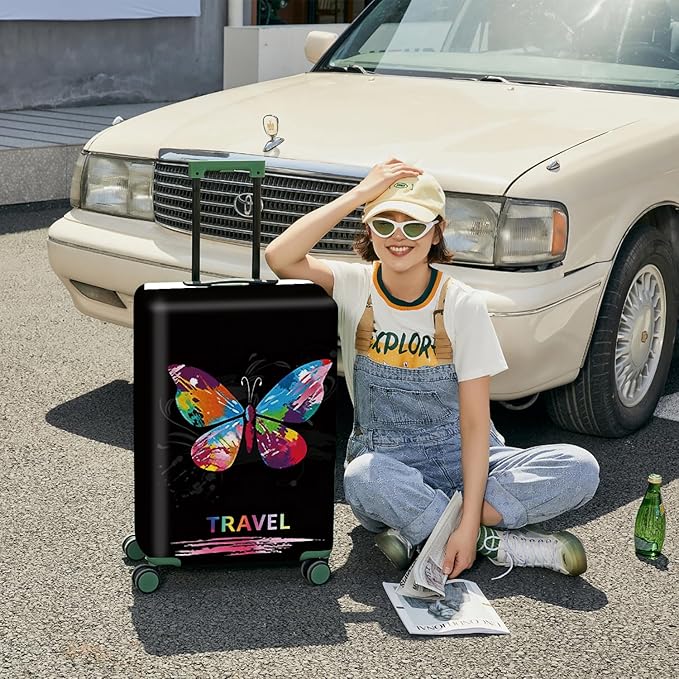 ANNA QUEEN Colorful Butterfly Travel Luggage Cover -Stretchable Airplane Suitcase Protector Sleeve,Universal Washable Fit for 28-30 Inch Checked Baggage,Water Resistant Durable Luggage Protector