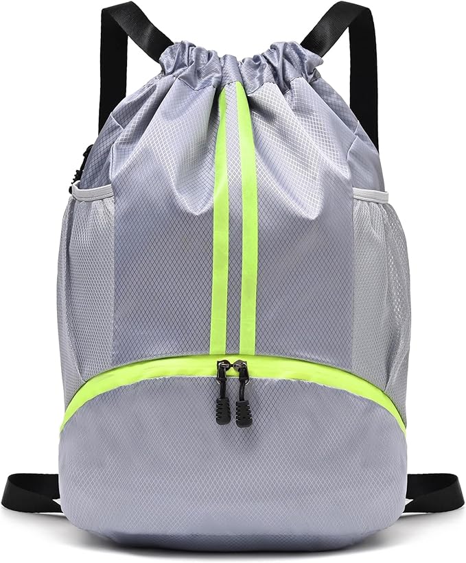 LOKAPEGY Drawstring Gym Bag for Men, Waterproof Drawstring Backpack for Women, Swim with Shoes Compartment, Pull String Sport Bag for Soccer and Basketball. (Grey)
