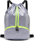 LOKAPEGY Drawstring Gym Bag for Men, Waterproof Drawstring Backpack for Women, Swim with Shoes Compartment, Pull String Sport Bag for Soccer and Basketball. (Grey)