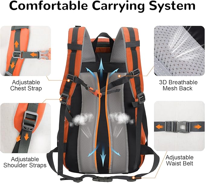 30L Skateboard Backpack for Men Women, Waterproof Hiking Backpack with Chest Strap for Camping Hunting, Lightweight Casual Travel Daypack for Skateboard Sport Outdoor, Orange