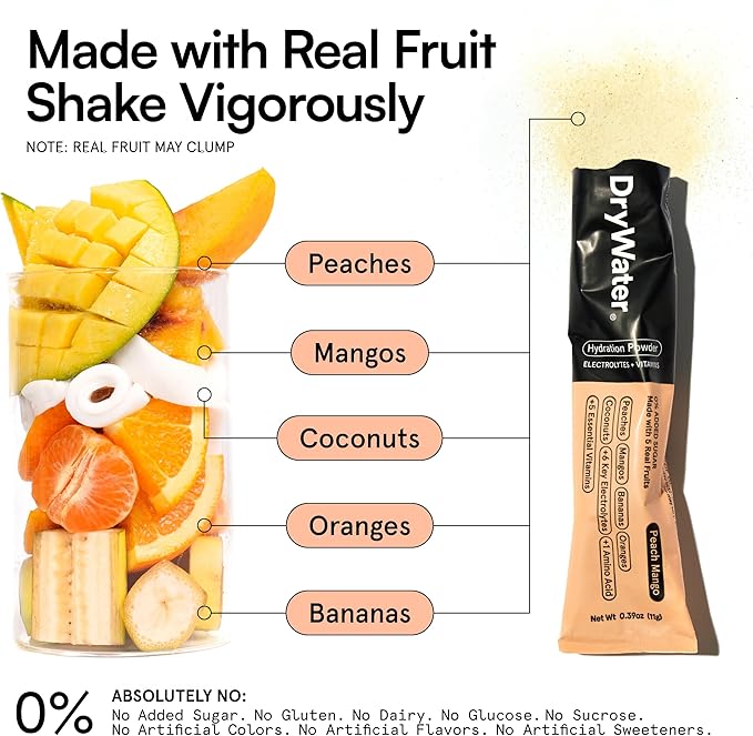 DryWater Electrolyte Powder Packets, Peach Mango - Hydration Packets Drink Mix with Zero Added Sugar for Rehydration & Energy - 6 Key Electrolytes, 5 Essential Vitamins & 5 Real Fruits - 12 Pack