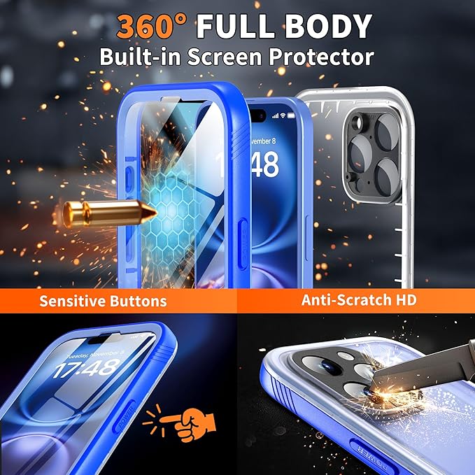 Cozycase for iPhone 16 Pro Max Case Waterproof - 360 Heavy Duty with Screen/Camera Protector Shockproof IP68 Underwater Dustproof Water Shock Proof Full Body/Front and Back Case Blue/Frosted Clear