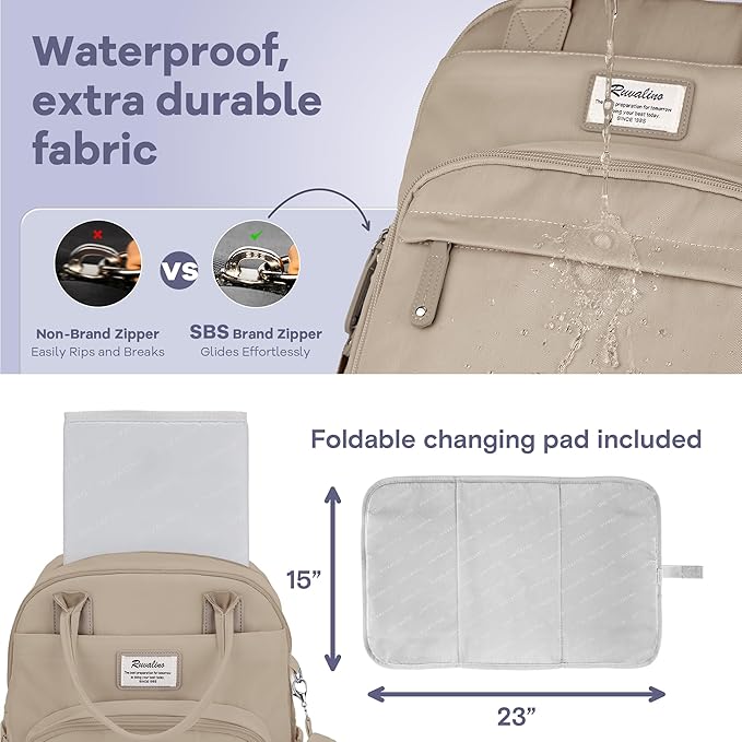RUVALINO Diaper Bag Backpack-Multifunction Baby Travel Bag with Changing pad, Insulated Bottle Holders & Pacifier Case, Large Capacity, Waterproof, Clay