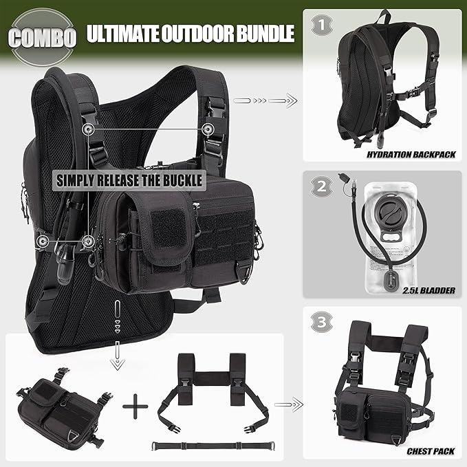 2-in-1 Hydration Backpack & Tactical Chest Pack with 2.5L Water Bladder, Modular Molle Hydration Vest, 500D Nylon Lightweight Running Water Bag for Gravel Cycling, MTB, Hiking, Enduro
