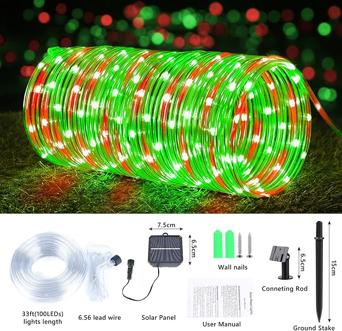 Solar Rope Lights, 2 Packs Total 66ft 200LED Solar String Lights, 8 Modes Waterproof Solar Powered Outdoor Light, Flexible Clear Tube Light for Garden Yard Patio Deck Porch Tree Xmas Decor -Red &Green