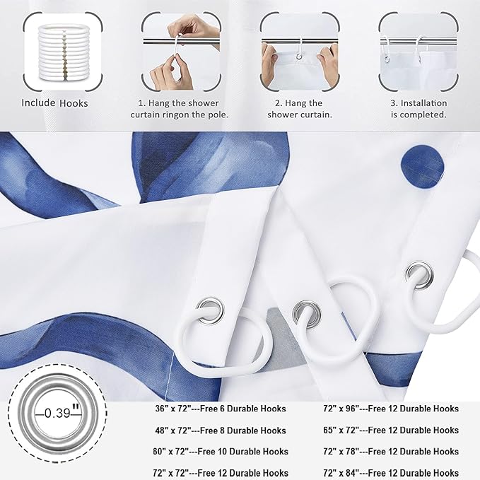 Navy Bow Shower Curtain, Navy and White Modern Aesthetic Bowknot with Polka Dot Cute Girly Bathroom Curtain Waterproof Fabric Machine Washable with Hooks, 65" Wx72 L