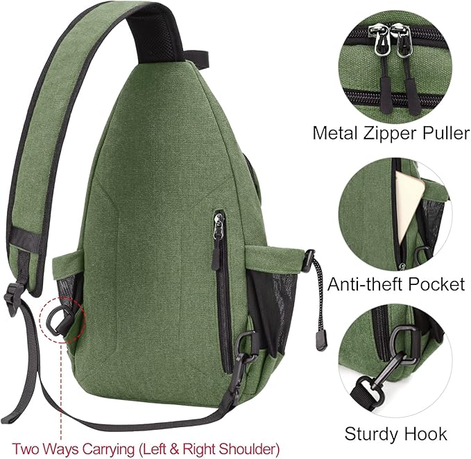 MOSISO Sling Backpack,Canvas Crossbody Hiking Daypack Bag with Anti-theft Pocket, Army Green