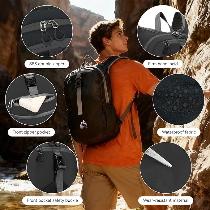 15L Small Hiking Backpack for Men Women Lightweight Packable Backpack Foldable Casual Daypack for Camping Travel Outdoor, Black