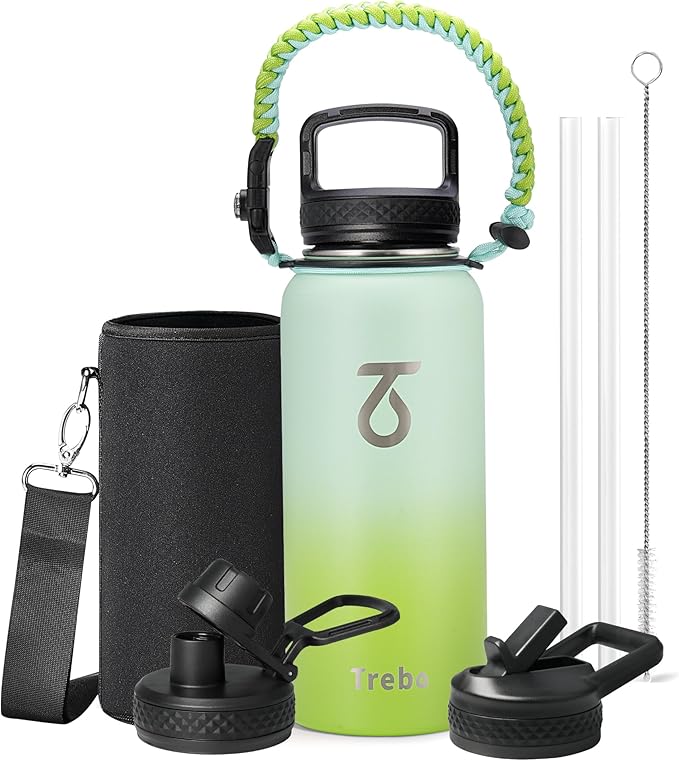 Trebo 32 oz Water Bottle Insulated with Lid and Straw, Triple Wall Vacuum Stainless Steel Sports Flask with Paracord Handle, Keep Hot 24 Hours & Cold 48 Hours Water Cup with 3 Lids, Dark Green