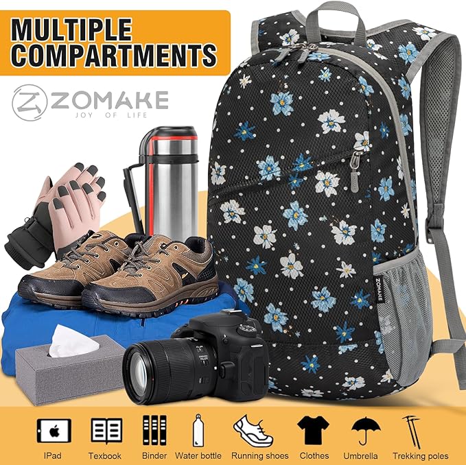 ZOMAKE Lightweight Packable Backpack,Foldable Backpacks Small Daypack for Hiking Water Resistant Day Bag for Travel(Black,Floral pattern)