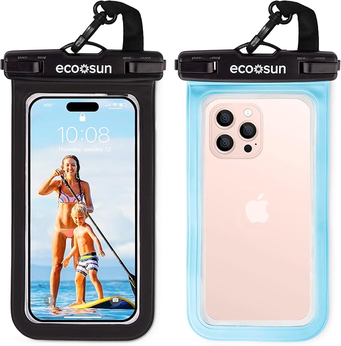 Eco Sun Waterproof Phone Pouch & Floating Wrist Strap Bundle (2-Pack Each) – Waterproof Phone Case + Float Strap – Travel & Beach Essentials Designed in Hawaii – Fits iPhone 17 Pro Max, GoPro, Cameras