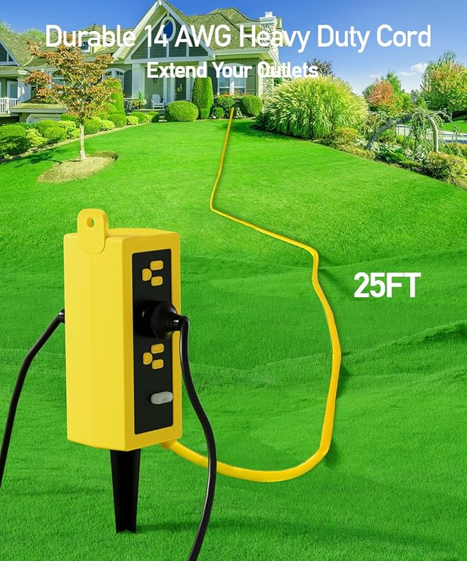 Outdoor Power Strip Weatherproof, ZZJ IP69 Grade Waterproof Surge Protector, 25 FT Outdoor Extension Cord with Stake, 6 AC Outlets,14 AWG Heavy Duty Cord for Outdoor Patio Garden-Yellow