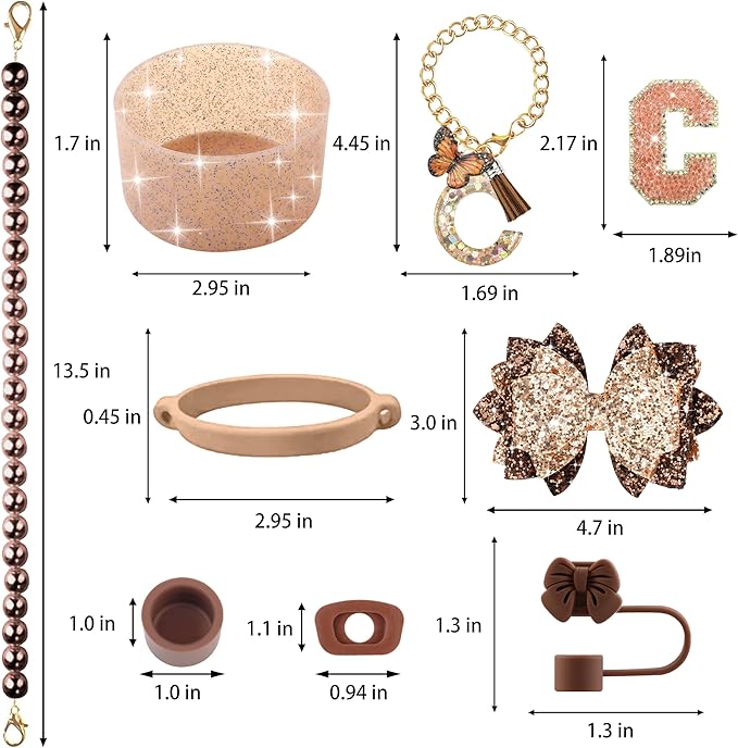 9PCS Brown for Stanley Cup Accessories Set Bling Initials Bow Charms for Stanley Decorations 30/40 Oz Tumbler Accessories Including Bow Straw Topper, Handle Strap, Spill Stopper（Letter C）