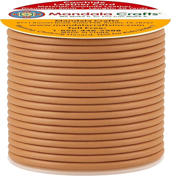 Mandala Crafts Round Genuine Camel Leather Cord for Jewelry Making – 2mm Cowhide Leather Rope String Lace for Kumihimo – 20 Yards Cowhide Craft Cording Spool