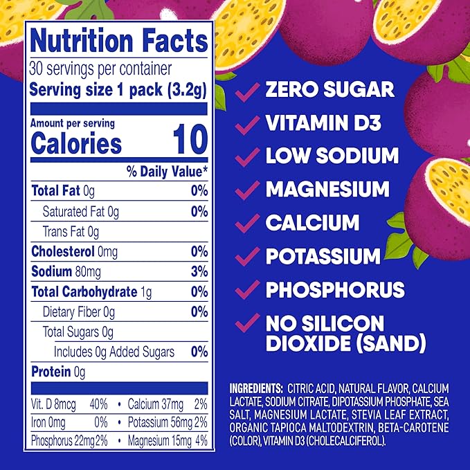 GoHydrate Low Sodium Electrolytes Powder Packets Sugar Free - Instant Hydration Daily Drink Mix - Zero Sugar Water Flavor Packet Singles with Vitamin D - (Passion Fruit, 30 Packs)
