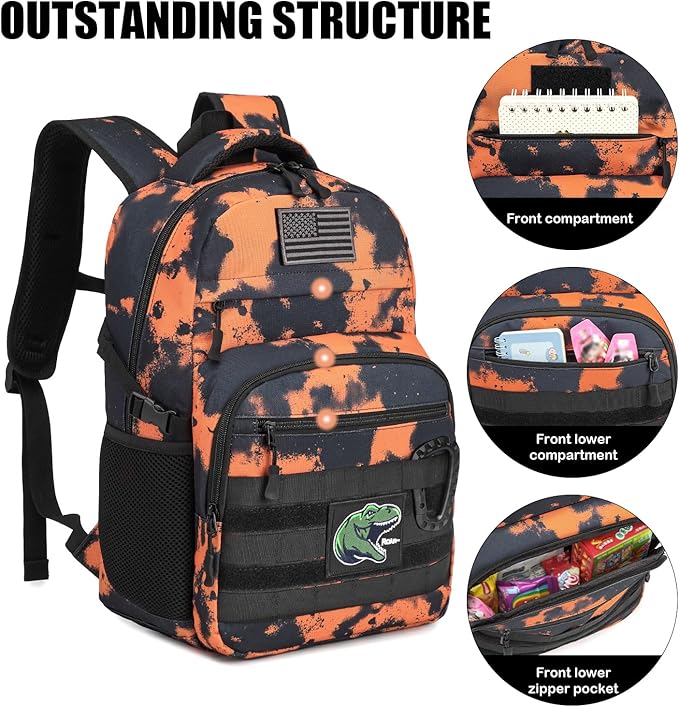 Kids Tactical Backpack Army Molle Bookbag Military Boys Backpack for School, Outdoor, Camping (Includes 2 Patches+1Carabiner), Mars CM