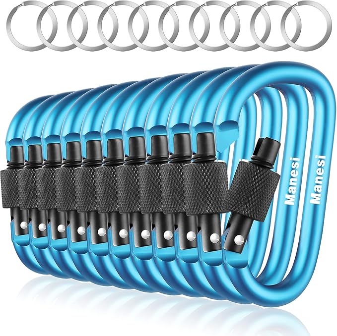 10 Pack Aluminum D Ring Key Rings Clips Locking Carabiner for Camping Fishing and Outdoor Use，Clips with Screw Gate Multicolored