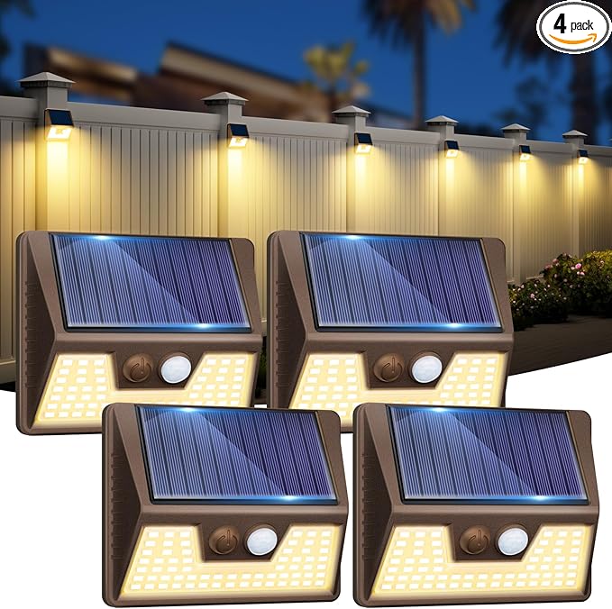 Vighep 4 Pack Solar Fence Lights Waterproof, Motion Sensor Deck Outdoor, Warm White LED for Wall Yard Steps Stairs Garden - Brown