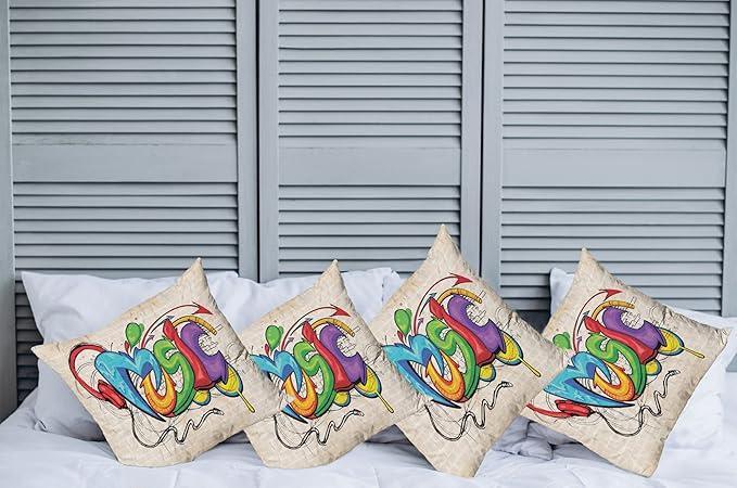 Ambesonne Music Throw Pillow Cushion Case Pack of 4, Illustration of Graffiti Style Lettering Headphones Hip Hop Theme on Beige Bricks, Modern Accent Double-Sided Digital Printing, 18", Tan Green