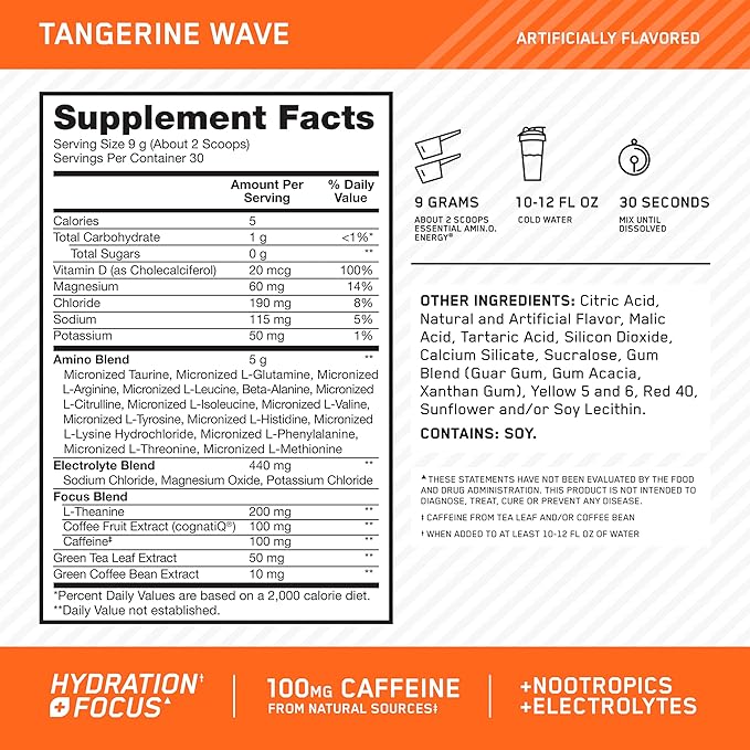 Optimum Nutrition Amino Energy Powder Plus Hydration, with BCAA, Electrolytes, and Caffeine, Tangerine Wave, 30 Servings (Packaging May Vary) (Pack of 6)
