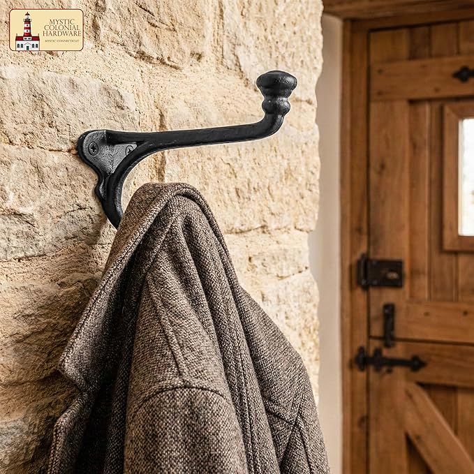 Mystic Colonial Rustic Cast Iron Wall Hooks Heavy Duty Retro Utility Hooks for Hanging Coat, Bag, Towel, Robe, Hat & More Decorative Wall Mount Hooks, Pack of 2, Black