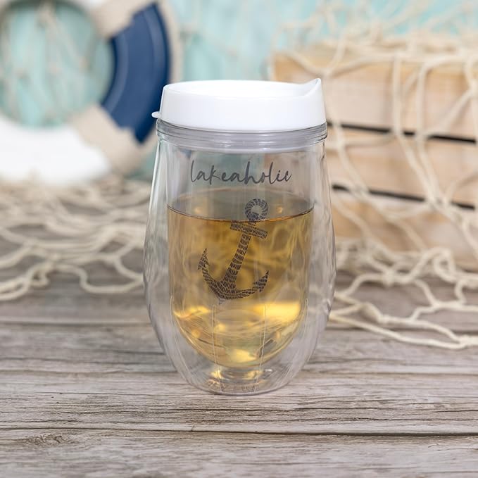 Pavilion Gift Company - Lakeaholic - 12 oz Wine Glass With Lid Wine Lover Kitchenware Lake Lover Lakefront Waterfront Outdoors Anchor Nautical Drinkware