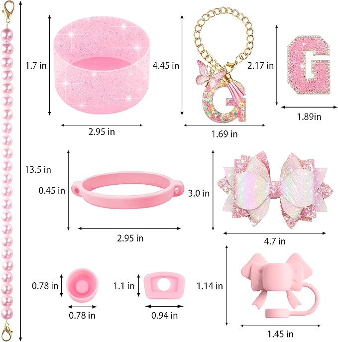 9PCS Pink for Stanley Cup Accessories Set Bling Initials Bow Charms for Stanley Decorations 30/40 Oz Tumbler Accessories Including Bow Straw Topper, Handle Strap, Spill Stopper（Letter G）