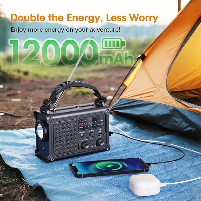 Raynic NOAA Weather Radio 12000mAh, Emergency Weather Radio with 2X Faster Solar & Hand Crank Charging, 5W Flashlight, Reading Lamp, Cell Phone Charger, SOS for Hurricane, Storm, Camping (Black)