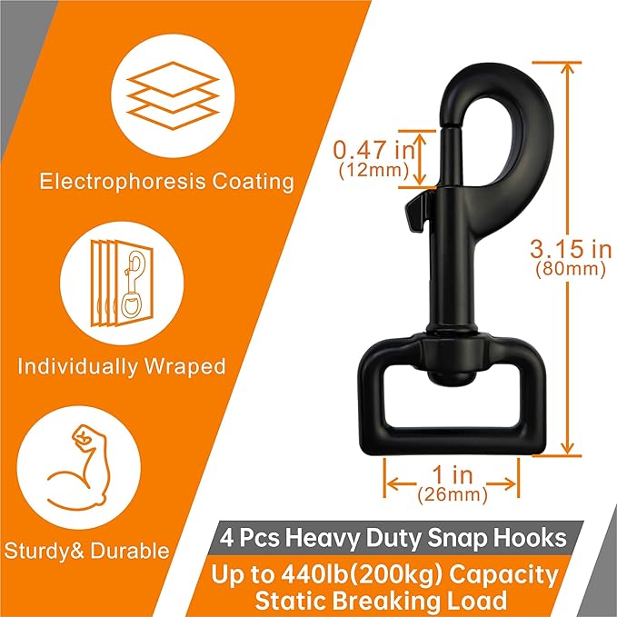 Garwor 4 Pcs 1 Inch Heavy Duty Black Electrophoresis Coating Swivel Snap Hooks Pet Buckle Trigger Snaps Dog Leash Hook Key Chain for Linking Pet Leash & Collar