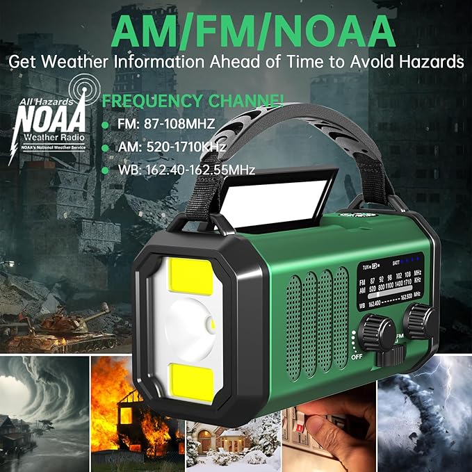 Emergency Radio Hand Crank Solar, AM/FM/NOAA Weather Radio Built-in 20000mah Battery Powered,Type-C Charger,Flashlight, Reading Light,SOS, Compact & Portable for Camping/Emergencies Green