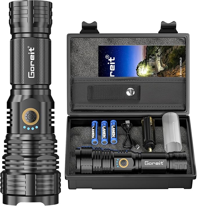 Flashlights LED High Lumens Rechargeable, Goreit 20,000 Lumens XHP70.2 Super Bright Flashlight, Flash Light Battery Powered, Powerful Handheld Flashlight with holster for Emergency Camping Hiking Gift